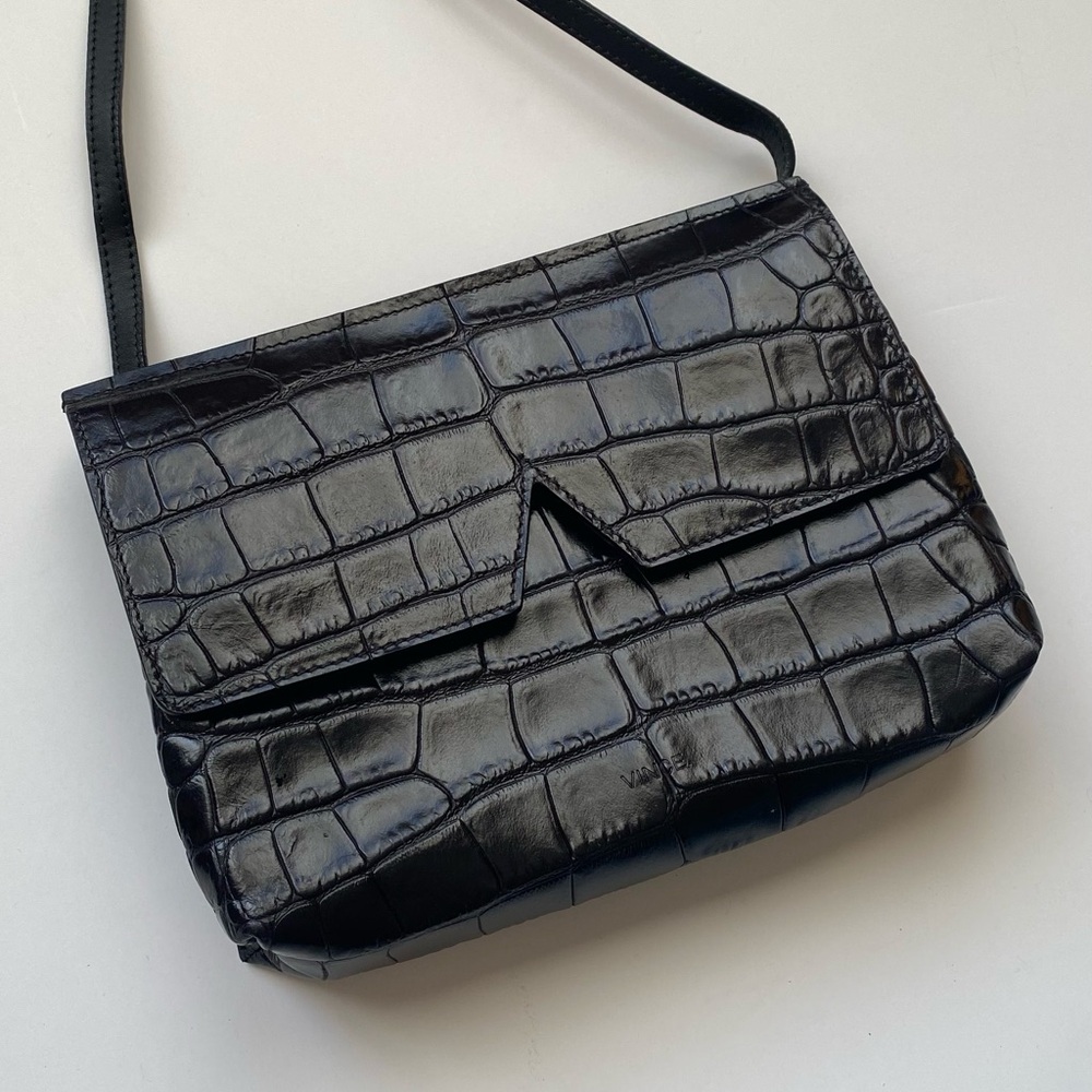 Vince “Signature V” Croc Embossed Leather Crossbody Bag